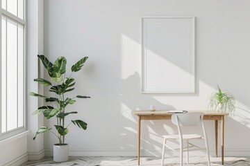 3D rendering, white wall with vertical frame mockup on the table in minimalistic interior design of home office room. Modern scandinavian style decor