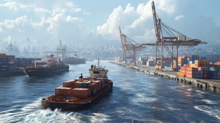 Fototapeta premium A barge laden with colorful shipping containers navigates through a river, approaching a vibrant port bustling with cranes and cargo vessels under clear blue skies