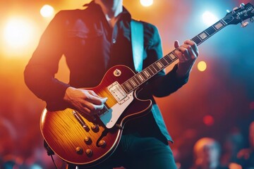 A musician plays an electric guitar on stage, illuminated by vibrant lighting, creating an energetic atmosphere at a live performance.