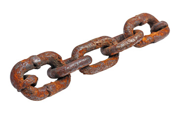 Obraz premium Close-up of a rusty chain on a white background, showcasing its texture and condition