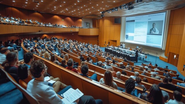 Attendees fill a large auditorium, engaged in an informative medical conference with speakers presenting the latest advancements and research studies