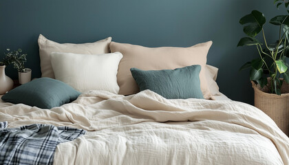 In the bedroom, organic cotton linens are neatly laid out on the bed. The colors are pastel, muted, creating an atmosphere of coziness and tranquility