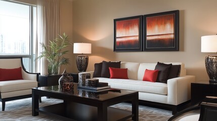 Fototapeta premium Modern Living Room with White Sofa, Black Coffee Table, and Abstract Artwork