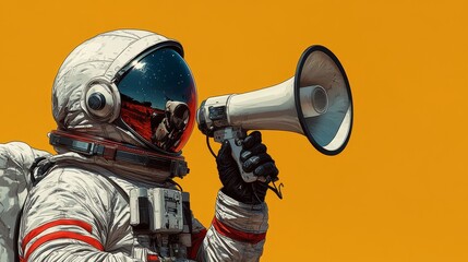 A cartoon astronaut holding a megaphone can be seen on a yellow background.