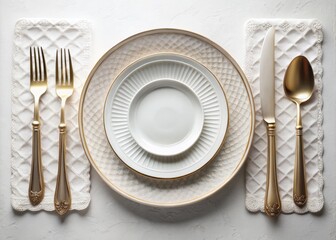 Elegant Table Setting: Top Down View of Fork, Spoon, Knife, and Porcelain Dishes on a Clean White Background for Culinary and Dining Concepts