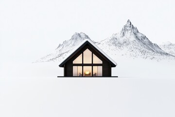 Fototapeta premium Cozy mountain lodge with fireplace, warm blankets, and scenic windows, inviting winter getaway, rustic comfort, 3D illustration