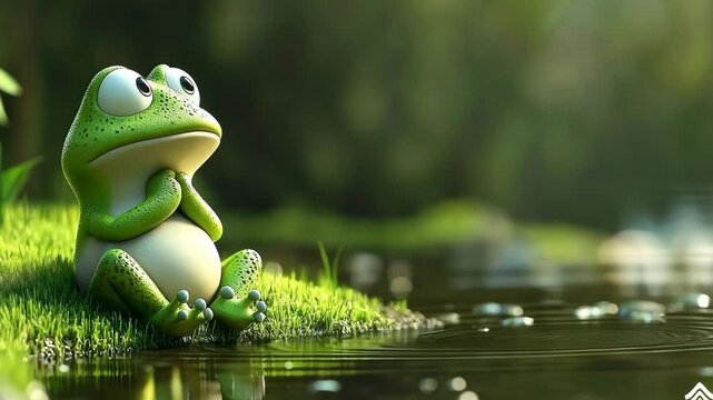 A green frog sits on a patch of grass by a pond, looking up with a thoughtful expression