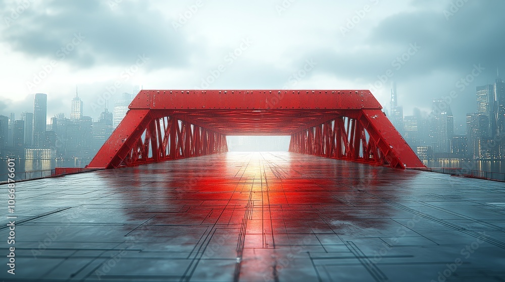 Poster a red-toned engineering and architecture model of a bridge.