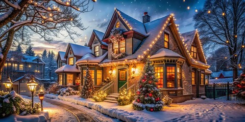 Enchanting Christmas House Decorated with Fairy Lights in a Cozy Urban Neighborhood Captured in Urban Exploration Photography Style, Perfect for Holiday and Seasonal Themes