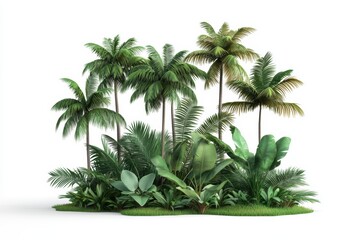 Lush tropical forest with tall palms, sunlight streaming through leaves, vibrant green foliage, exotic and serene, 3D illustration