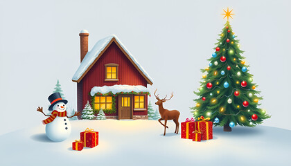 Naklejka premium Ai generative a christmas scene with a house, snowman, tree and reindeer christmas merry snowy winter season Suitable for use in design work