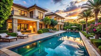 Exquisite Luxury Villa with Stunning Outdoor Swimming Pool and Elegant Exterior Design Surrounded by Lush Greenery in a Serene and Picturesque Setting for Ideal Relaxation
