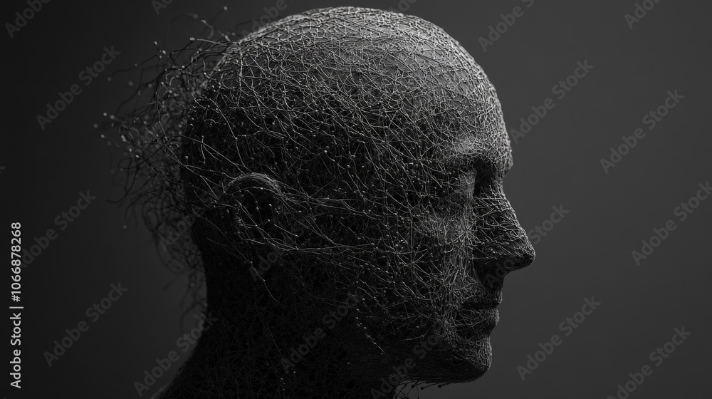 Poster the artwork depicts a man's head intricately woven with neuron-like structures, symbolizing the comp