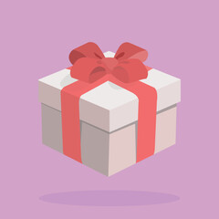 White gift box adorned with a red ribbon on a purple background, perfect for a cheerful Christmas vibe