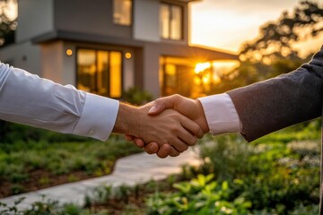 Two people shaking hands in front of a modern house at sunset, symbolizing agreement or partnership in a serene outdoor setting.