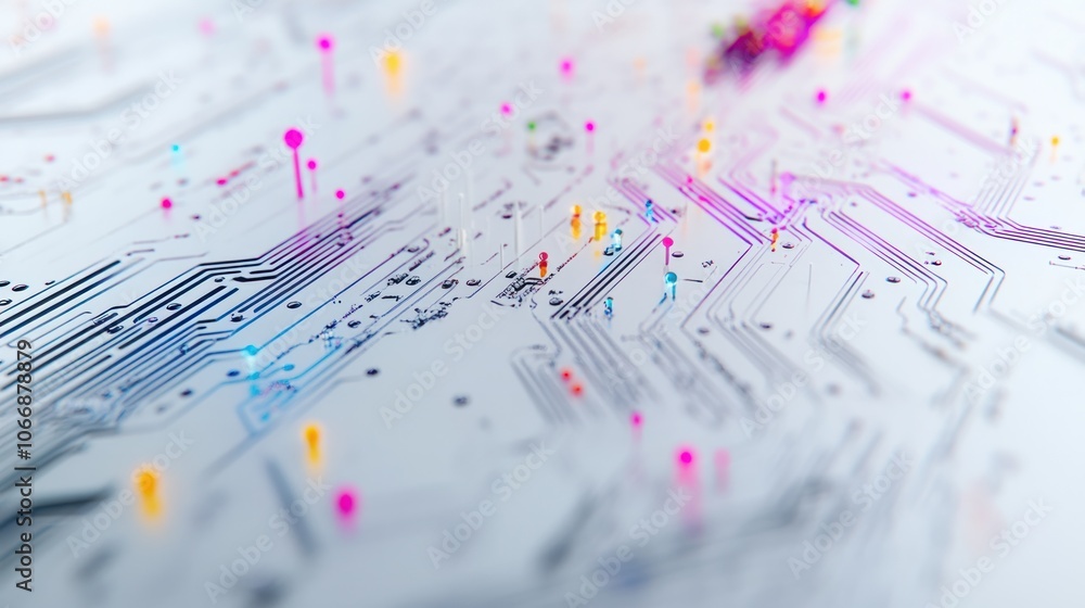 Poster computer motherboard with colorful electronic pulses running through its pathways on a minimalistic