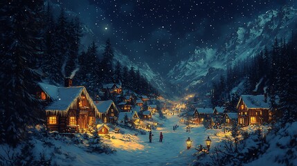Fototapeta premium A cozy village nestled in a snowy mountain valley under a starry night sky.