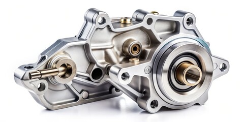High-Definition Panoramic Photography of a New Car Engine Oil Pump Isolated on a Clean White Background for Automotive Parts and Accessories Catalogs