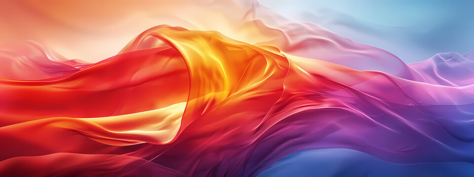 Flowing silk fabric in vibrant shades of red, orange, and purple, creating a dynamic abstract composition with a smooth gradient.