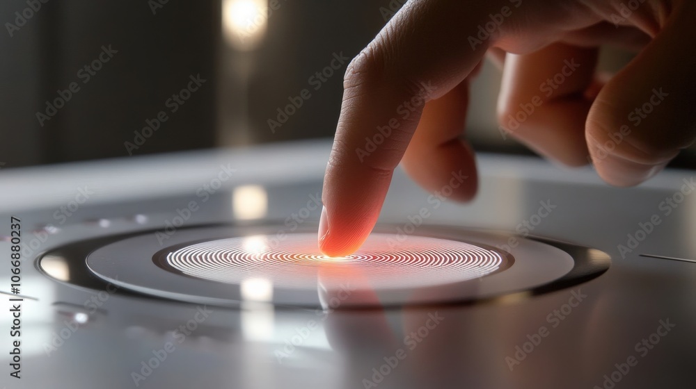 Poster a hand is positioned above a circular scanner, with a finger making contact while the device emits a