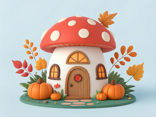 Fototapeta premium mushroom-castle-with-thanksgiving-party-child Lady boy-food pumpkin-happy turkey-cottage-fairy-3d-icon-illlustration with transparent background