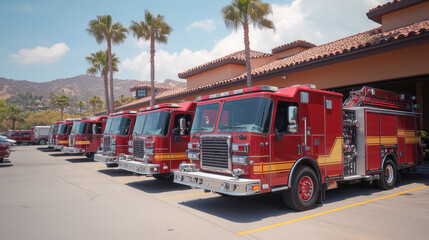 A row of fire trucks are parked in a lot
