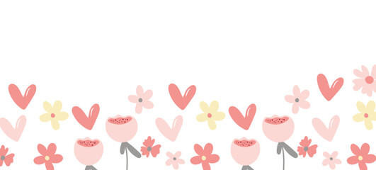 Spring illustration with tulips. Happy birthday, holiday, celebration greeting and invitation card. Colorful floral banner with flowers on light background. Modern floral compositions. Copy space