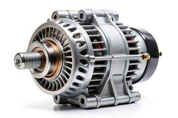 High-Quality Power Generator Isolated on White Background, New Automotive Alternator with Shaft, Ideal for Car Service and Maintenance, Essential Spare Parts for Vehicles