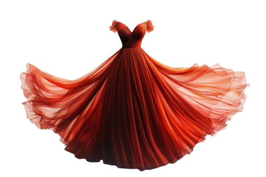 Elegant red gown with flowing fabric, perfect for formal occasions and evening events