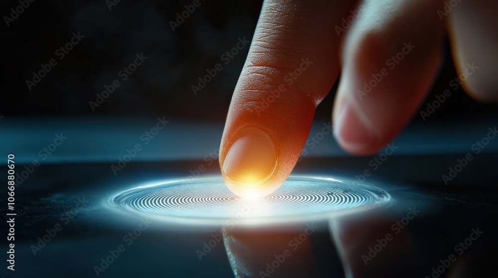 Poster a user places their finger on a high-tech surface, activating a biometric scanner that enhances secu
