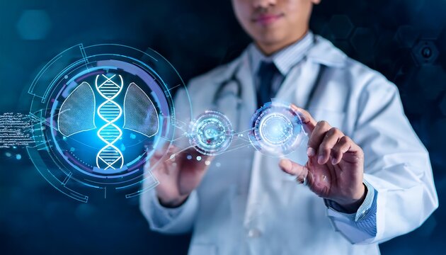 A doctor presents a holographic globe with a DNA double helix, symbolizing global genetics research and personalized medicine.