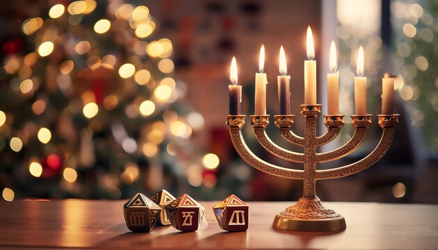 A lit menorah with dreidels sits on a table, a blurred Christmas tree in the background, representing a Chrismukkah celebration.