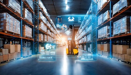 A modern warehouse with digital overlays, featuring a forklift and organized storage shelves.