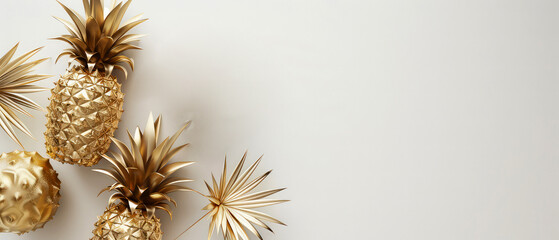 Golden 3d decorative pineapples on white background. Flat lay composition. Home decor. Generative ai