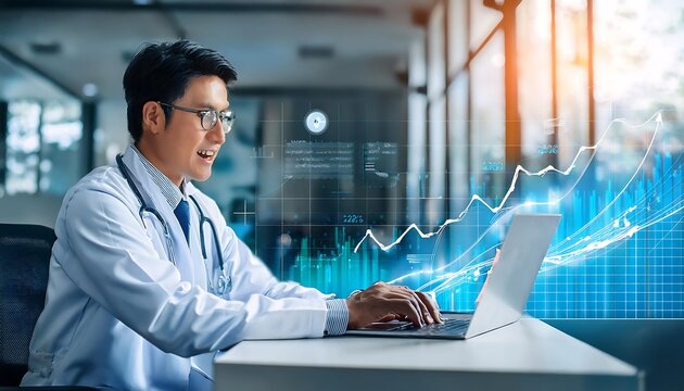 A smiling doctor works on a laptop with a holographic graph displayed, analyzing medical data or market trends.