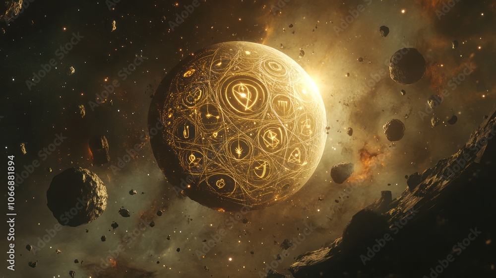 Poster moon with intricate patterns and glowing symbols etched into its surface. the moon is partially illu