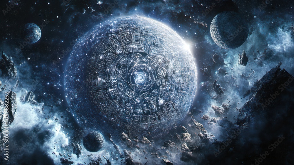 Poster moon with intricate patterns and glowing symbols etched into its surface. the moon is partially illu