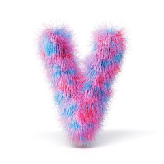 Blue pink fur font Letter V 3D