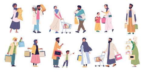 Arabian people shopping. Moslem customers saudi dubai store, muslim happy family arabic couple in traditional islamic dress scarf hijab, sale shop buyers classy vector illustration