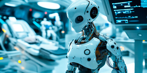 Fototapeta premium Futuristic robot assistant in a high-tech hospital, the concept of modern technologies in medicine