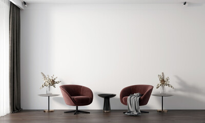 The modern cozy interior design concept of lounge and living room and red leather arm chairs and...