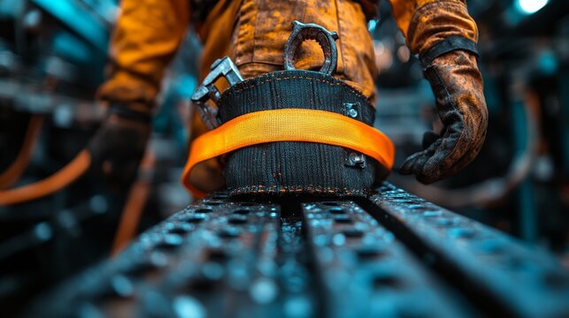 Worker safety gear and harnesses worn during climbing and construction.