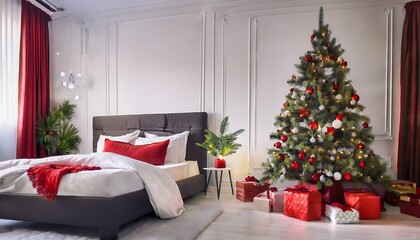 A Christmas tree decorated with red and silver ornaments stands beside the bed and presents are placed under the tree.