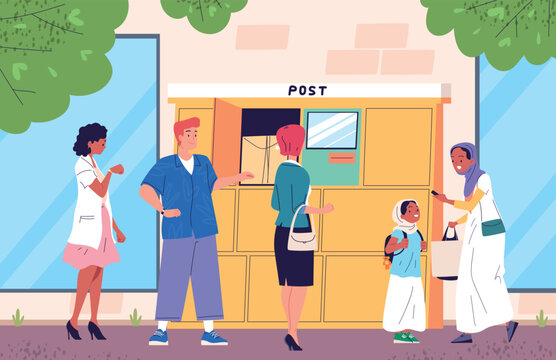 Self service locker. People self-delivery post station, modern delivery lockers automat machine shipment terminal automatic parcel pick up postal storage classy vector illustration
