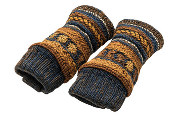 Warm, knitted arm warmers with intricate patterns crafted for cozy winter activities indoors