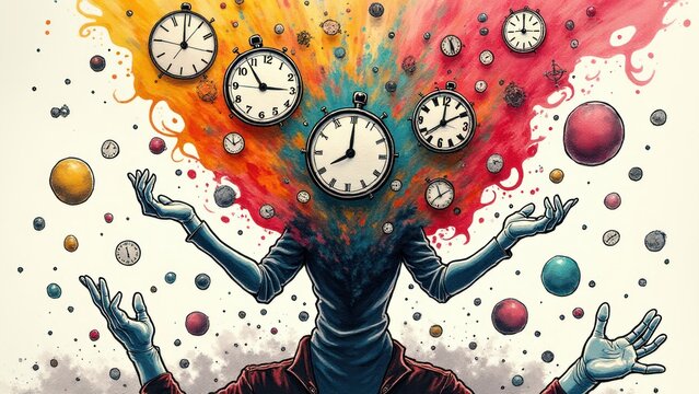 Artistic portrayal of a person facing multiple clocks, representing ADHD and challenges with time perception.