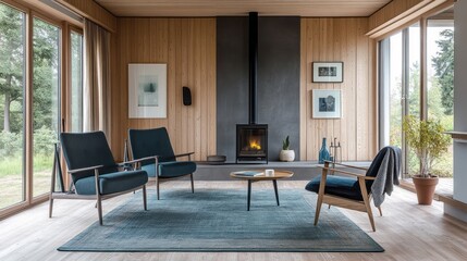 Fototapeta premium Modern Living Room with Fireplace and Large Windows