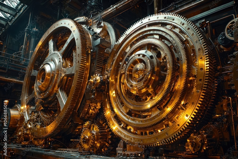 Poster Close-up of a Complex Gear System in a Large Machine