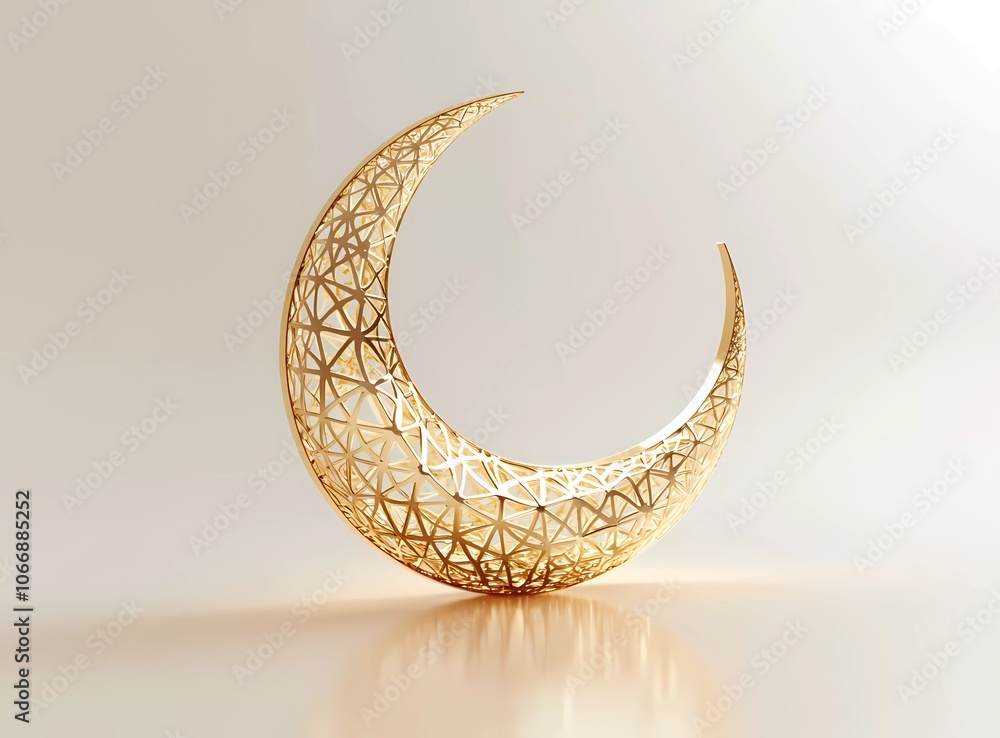 Poster 3d rendering of a ramadan crescent moon icon, isolated on a light background with reflection. ramada