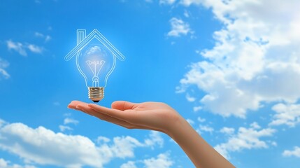 A hand holds a light bulb shaped like a house against a blue sky, symbolizing home innovation.